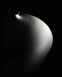 Close-up of a dark ceramic vessel illuminated by a single light source against a deep black background