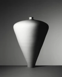 Monochrome studio photograph of a large sculptural ceramic vase with a narrow top on a dark surface against a gradient background.
