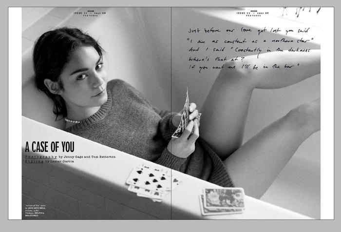 Black and white editorial portrait of a woman in a bathtub playing cards, styled by Kenna in Los Angeles