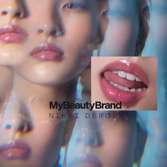 Close-up of woman's face with glossy lips and pink lipstick, advertising beauty brand; multiple faces are superimposed, light blue background.