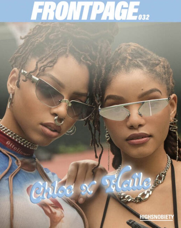 FrontPage magazine cover featuring Chloe x Halle in sunglasses and chain necklaces, with a light blue background and urban setting.