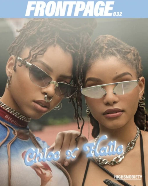 FrontPage magazine cover featuring Chloe x Halle in sunglasses and chain necklaces, with a light blue background and urban setting.