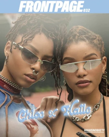 FrontPage magazine cover featuring Chloe x Halle in sunglasses and chain necklaces, with a light blue background and urban setting.