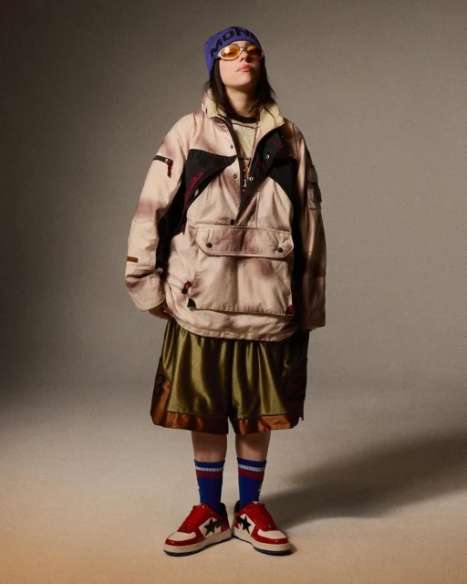 Young adult in anorak jacket, beanie, glasses, shorts, socks, and star sneakers in a studio with a neutral background and full-body shot.