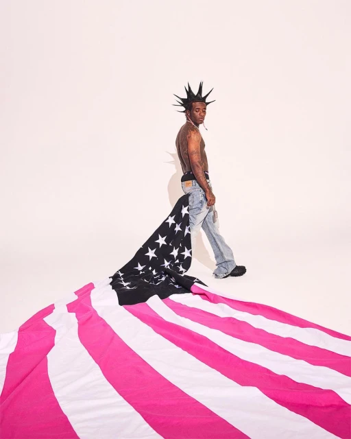 A male model with a mohawk poses in a studio, draped with a stylized American flag featuring pink stripes against a white backdrop.