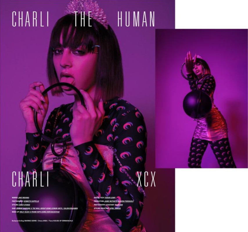 Charli XCX album cover. A woman with a crown and black purse is shown in a purple-toned studio setting. Charli The Human is displayed.
