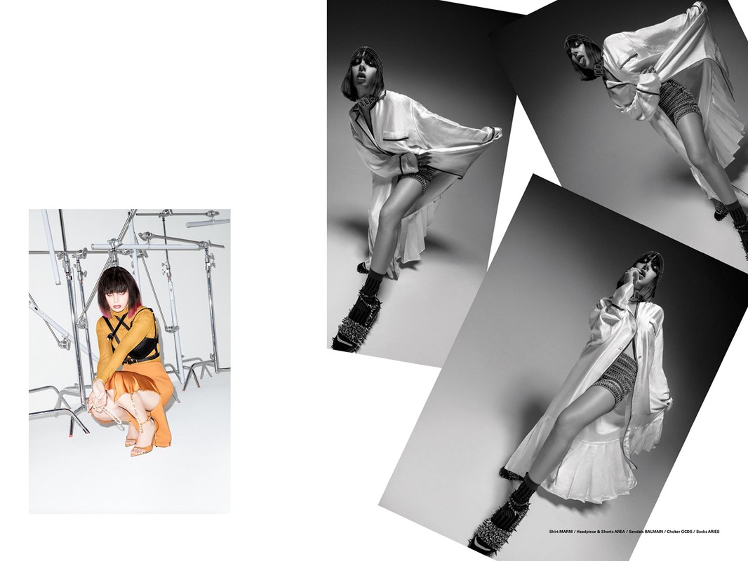 Fashion editorial shot with two different settings: one showcasing a model with studio lighting, the other, a model against a gray backdrop.