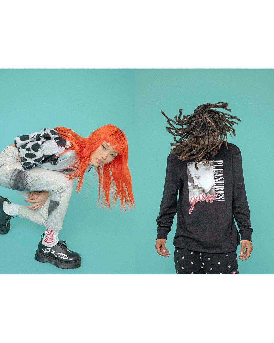 Two models wearing Guess and Pleasures apparel in a studio. One model has bright orange hair, the other has dark hair in dreadlocks.