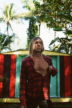 Iggy Pop posing outdoors with a red plaid shirt, against a colorful striped structure and lush green tropical foliage in a portrait shot.