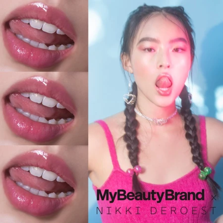Close-up collage of a woman's lips with glossy pink lipstick, alongside a woman with braided hair and pink makeup in a beauty ad.