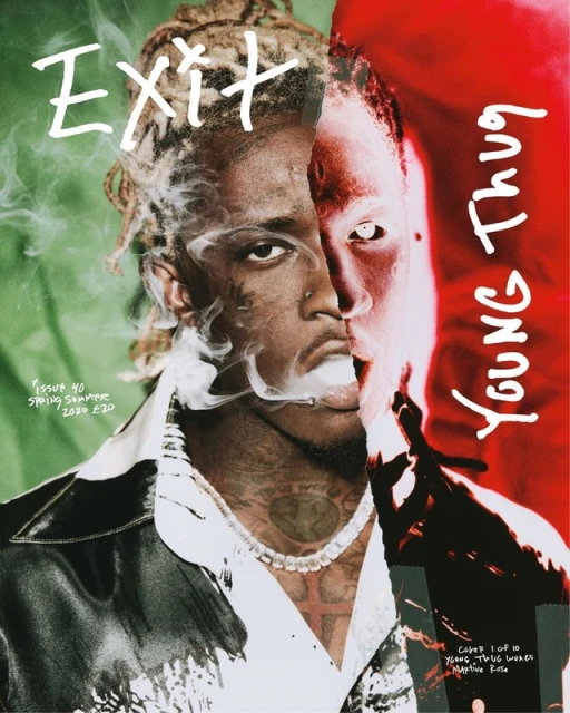 Magazine cover featuring a portrait of Young Thug split in half, with smoke effects and green and red color blocks in the background.