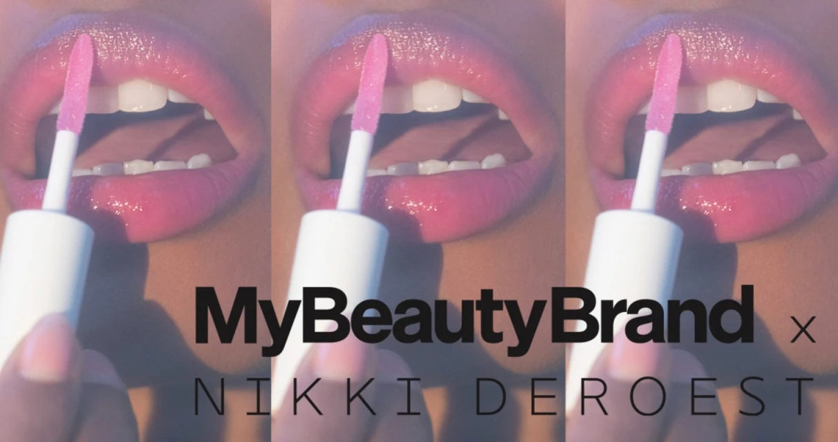 Macro beauty shot of a woman's pink lips with pink lip gloss applied using a white applicator, with "MyBeautyBrand" logo and name.