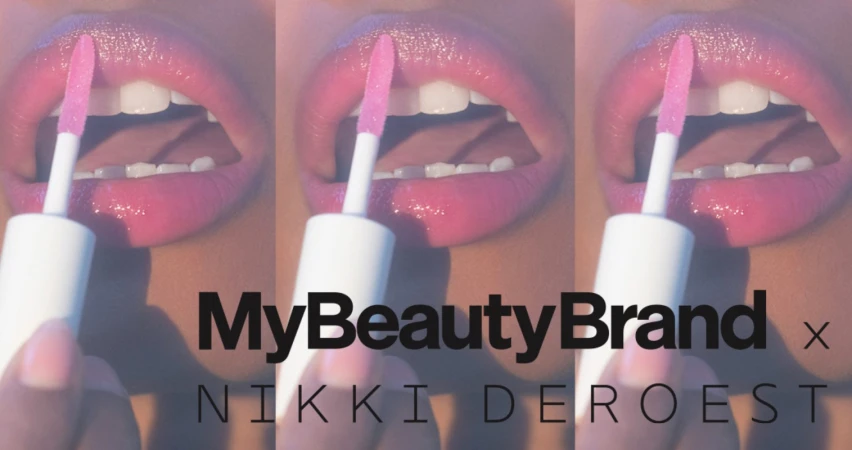 Macro beauty shot of a woman's pink lips with pink lip gloss applied using a white applicator, with "MyBeautyBrand" logo and name.