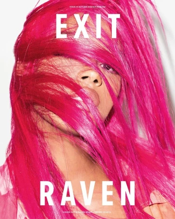Portrait of a woman with pink hair, part of her face covered by her hair, magazine cover with 'Exit' and 'Raven' in white text.