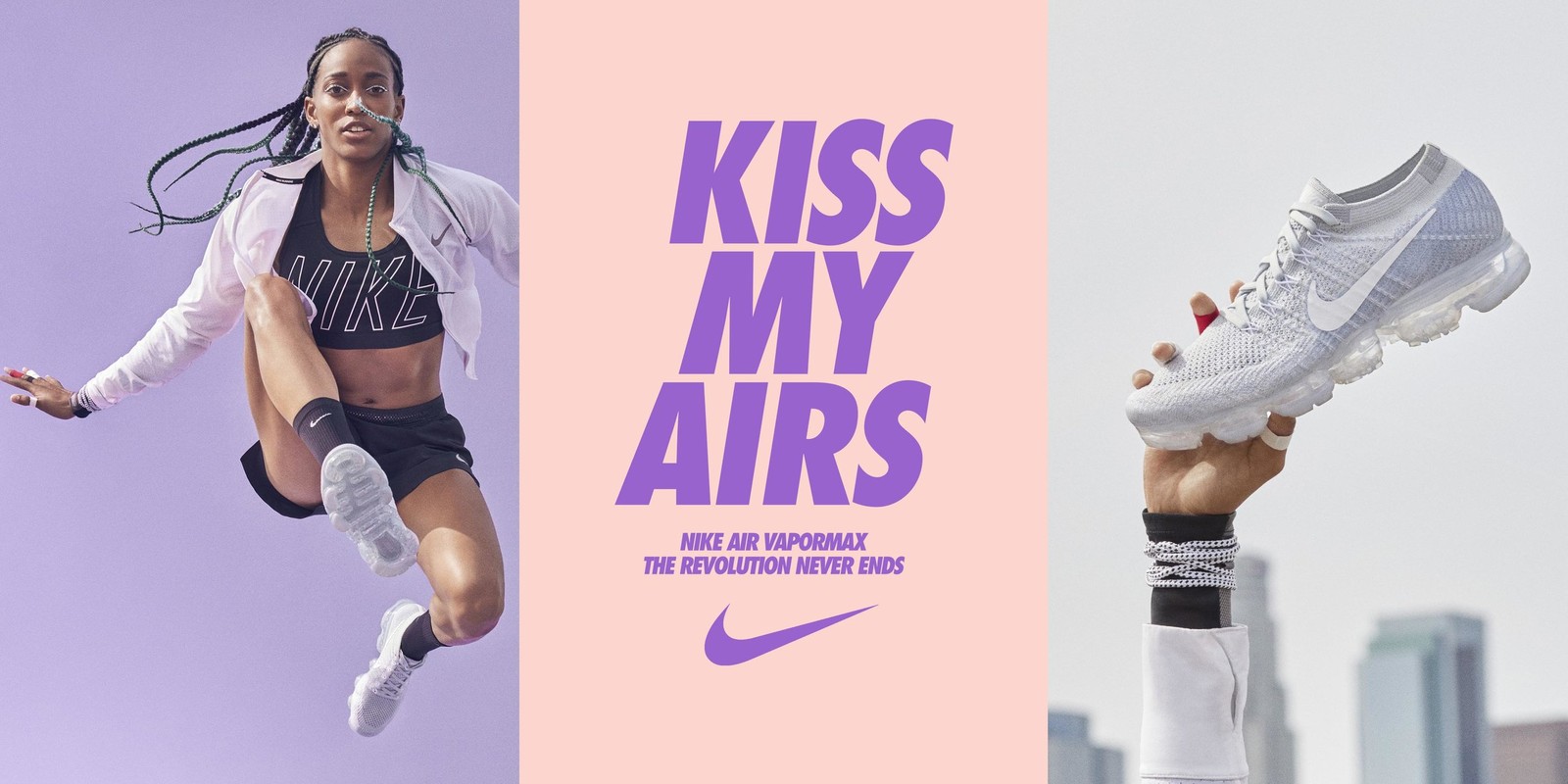 A split image showing a woman jumping against a purple background and a white Nike Air VaporMax shoe held up in the air.