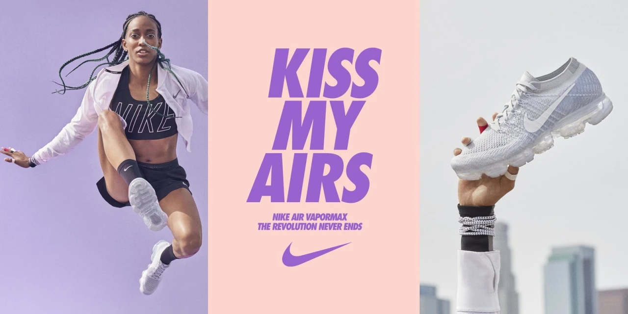 A split image showing a woman jumping against a purple background and a white Nike Air VaporMax shoe held up in the air.