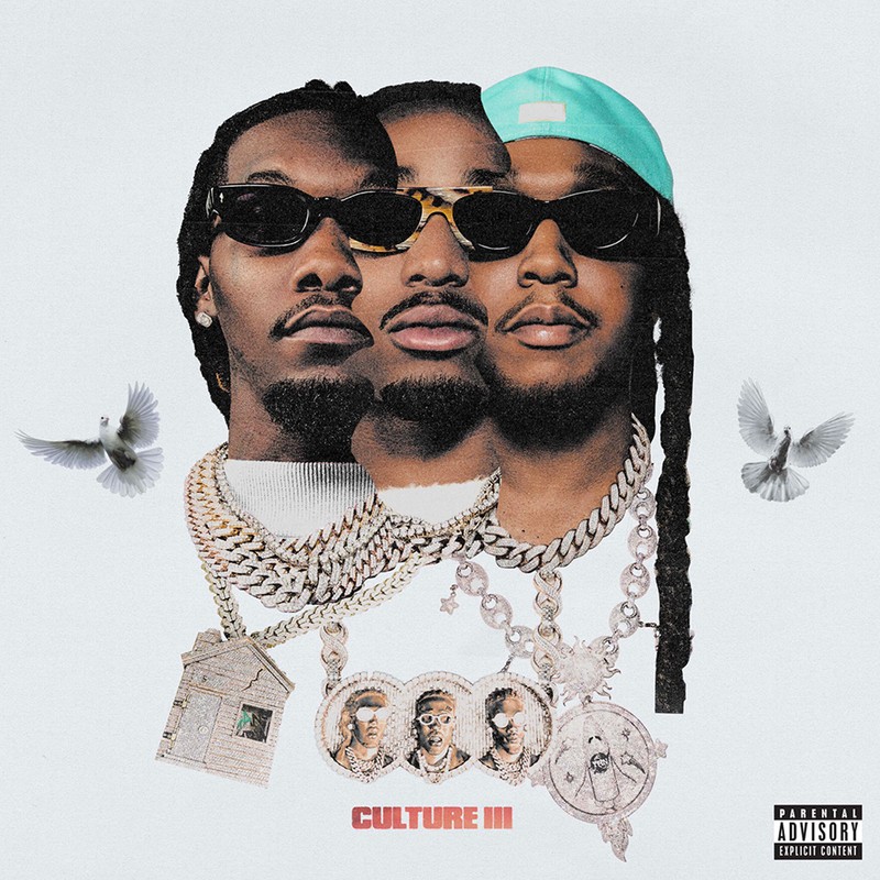 Album cover art for Migos' Culture III features superimposed portraits of the hip-hop group members wearing diamond necklaces and sunglasses.