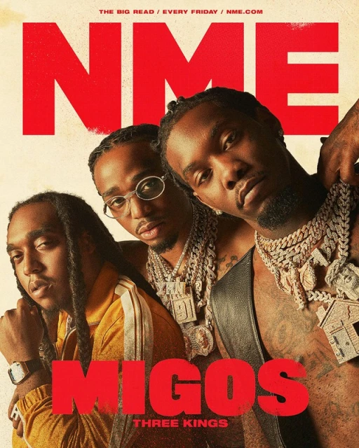 NME magazine cover featuring hip-hop group Migos: Quavo in glasses, Offset in leather vest, and Takeoff wearing a gold jacket.