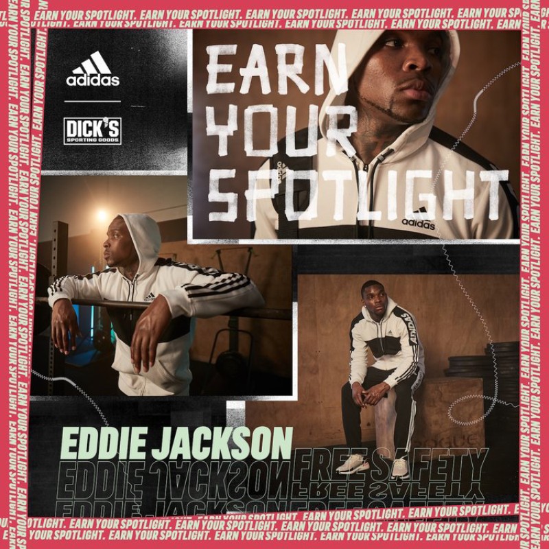 Adidas ad featuring Eddie Jackson; man in a hoodie near gym equipment, man seated in sports apparel, with 'Earn Your Spotlight' text.