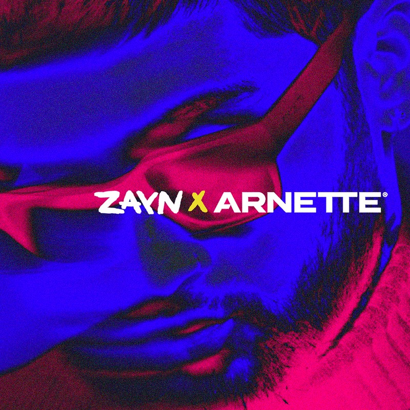 Close-up of a face with a bright pink and blue duotone effect. The text overlay reads "Zayn x Arnette" in white with a yellow x.