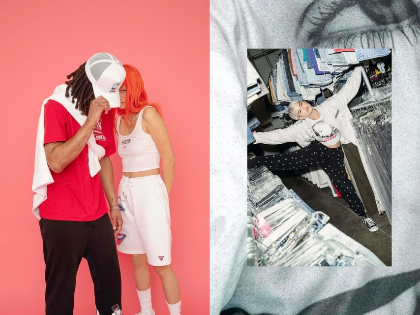 Two fashion models showcase apparel against a coral backdrop, with a contrasting inset image of a model in a vintage clothing rack.