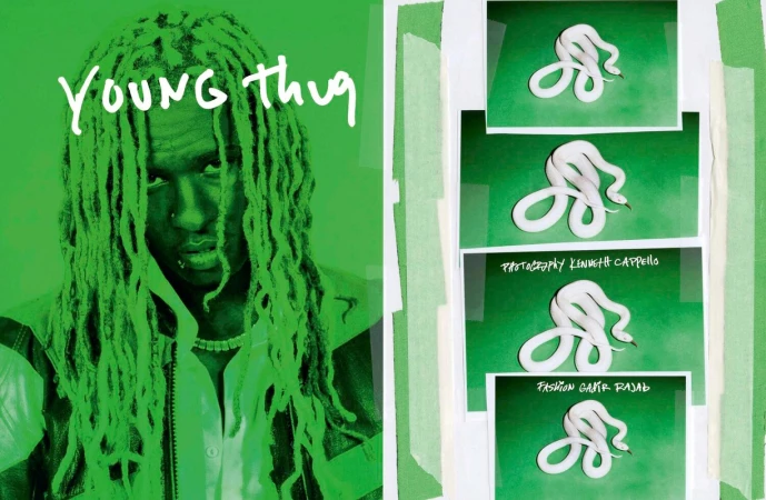Portrait of Young Thug with green dreadlocks against a green background, next to pinned photos of a white snake on green backdrop.