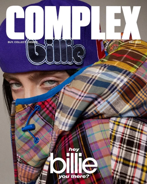 Complex magazine cover featuring a model in a colorful plaid jacket and purple hat with text overlay and bold white 'COMPLEX' title.