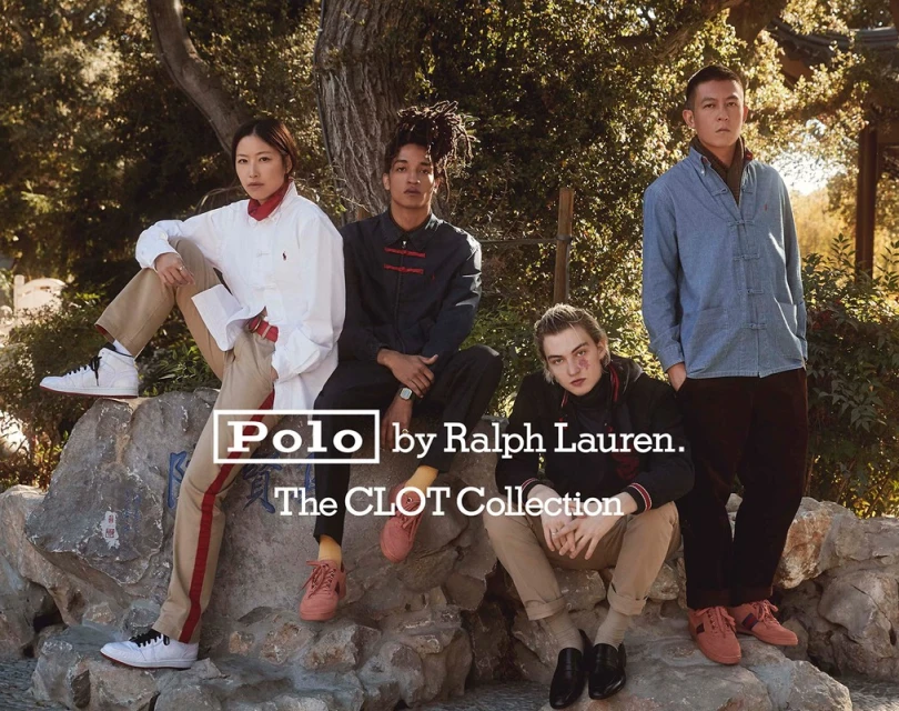 Group of four diverse young adult models in Polo Ralph Lauren x CLOT collection; outdoor scene with rocks and foliage; fashion editorial.
