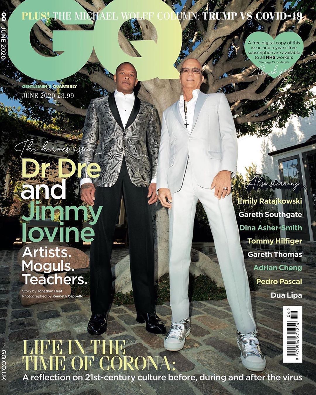 Magazine cover featuring Dr. Dre and Jimmy Iovine in suits, standing outdoors with GQ logo and cover text, June 2020 issue.