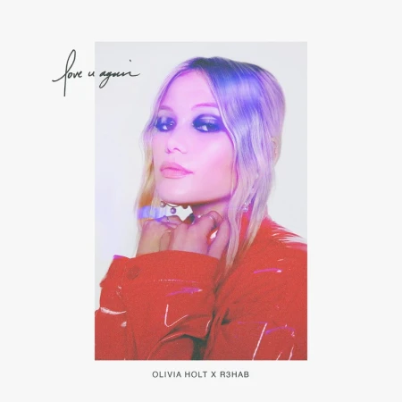 Portrait of a blonde woman wearing a red jacket with dark eye makeup against a white backdrop with holographic light refractions.