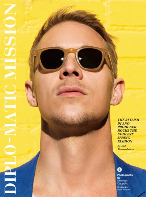 Close-up of a man wearing sunglasses and a blue blazer against a bright yellow background, fashion editorial.