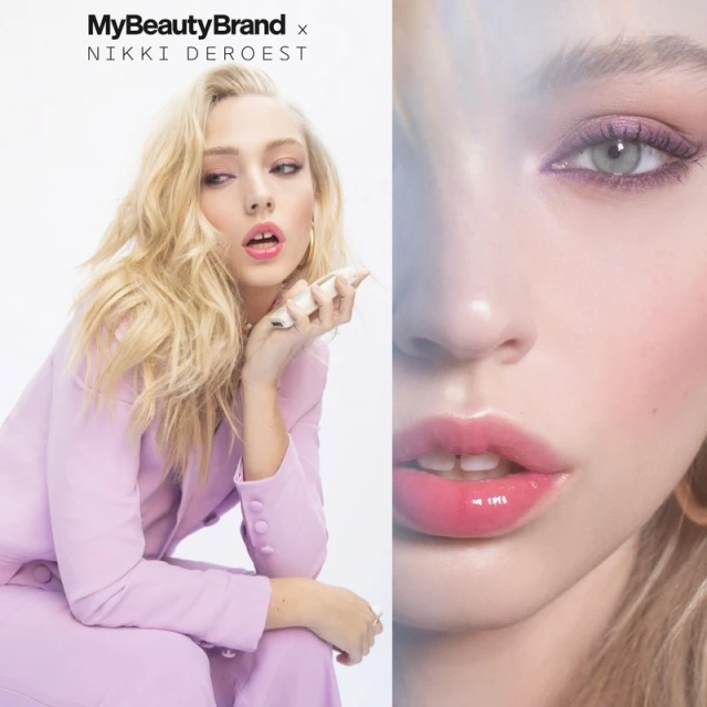 Close-up studio shot of a fair-skinned woman in a pink pantsuit holding a makeup applicator with a split-screen facial close-up.