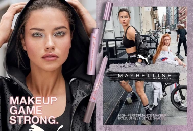Collage of beauty portrait and street-style shots featuring Adriana Lima in athletic wear with Maybelline cosmetics products.
