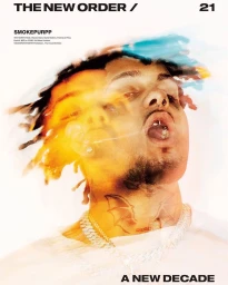 Multiple exposure portrait of Smokepurpp with glowing orange light overlay against a white background