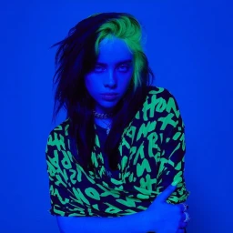 Portrait of Billie Eilish with bright green hair roots and dark hair wearing a patterned shirt against a blue background