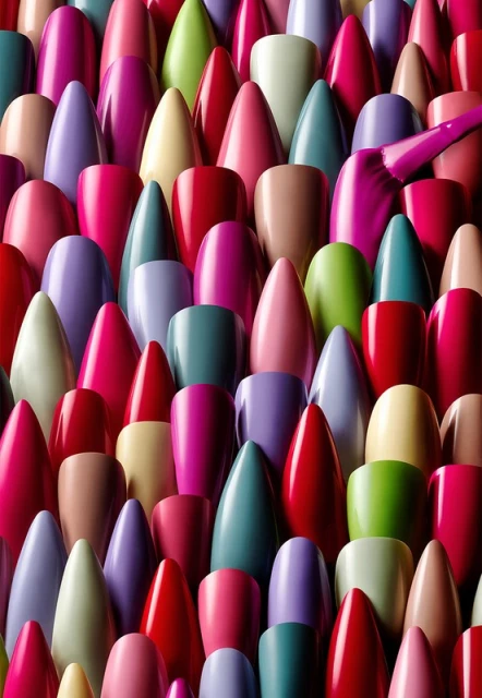 Close-up of many colorful artificial nails in a high-angle studio shot, displaying a variety of pink, purple, green, red, and beige tones.
