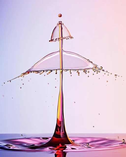 Abstract liquid art: macro photo of water drop collision forming sculptural shapes against a soft gradient background.