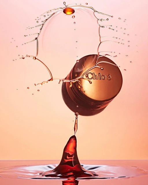 Chloe perfume bottle captured with high-speed photography, showing the collision of water droplets in a studio setting with pink background.
