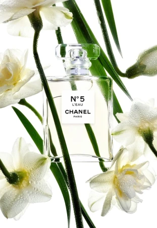Close-up of a Chanel No. 5 L'Eau perfume bottle surrounded by white daffodils with water droplets and green stems against a white background.
