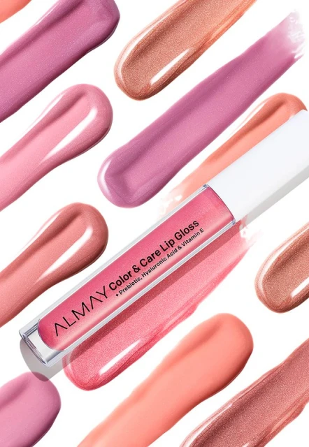 Almay Color & Care Lip Gloss product shot with pink hues and glossy texture, makeup concept for beauty and cosmetic industry on white backdrop.