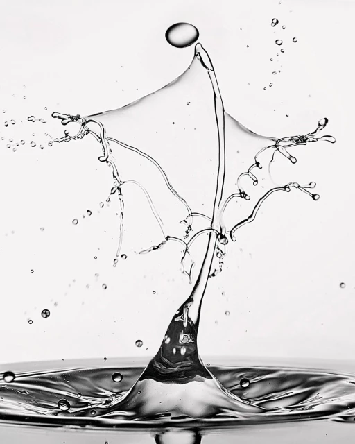 A water droplet collision captured in high-speed photography, showcasing dynamic splash forms with a grey, black, and white palette.
