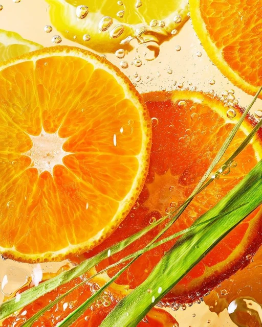 Close-up of fresh orange and lemon citrus slices in water, with vibrant colors and refreshing bubbles, highlighting natural textures and freshness.