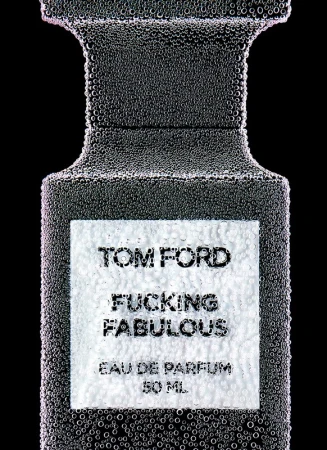 Tom Ford 'Fucking Fabulous' Eau de Parfum bottle close-up, covered in bubbles, black background, minimalist beauty and luxury concept.