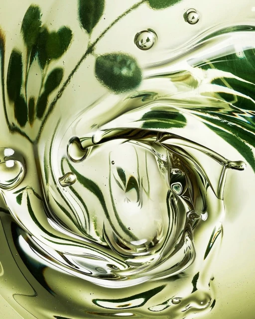 Close-up of clear gel with green leaves suspended, creating a swirling effect, highlighted by a light and airy color palette.