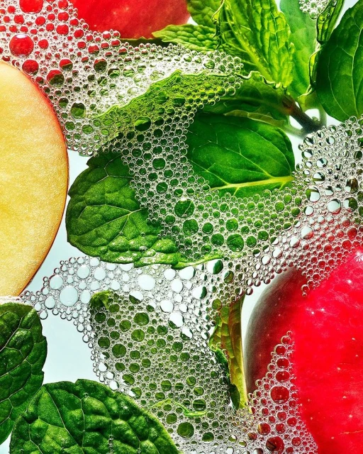 Overhead shot of sliced apples and mint leaves in clear water with scattered bubbles, creating a refreshing and vibrant still life.