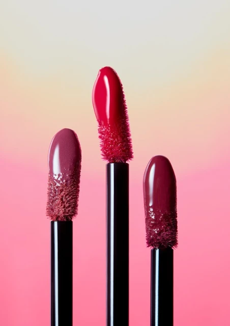 Close-up of three lipstick wands with glossy product on a pink and cream gradient background. Beauty and makeup product photography.