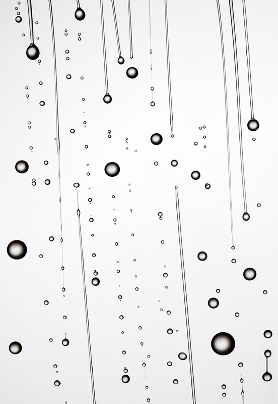 Macro photograph of clear liquid lines and suspended bubbles against a bright white backdrop, creating a minimalist aesthetic.