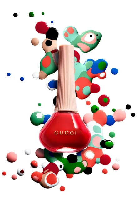Close-up studio shot of vibrant red Gucci nail polish bottle, adorned with a light pink ribbed cap, surrounded by colorful paint splatters.