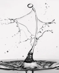 High-speed macro photograph of a complex water splash sculpture frozen mid-air against a bright white background.