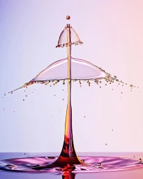 High-speed macro photograph of colliding water droplets forming a symmetrical umbrella-like liquid sculpture on a gradient background